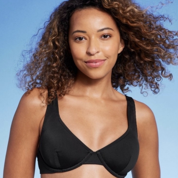 Women's Retro Ribbed Underwire Bikini Top Shade & Shore Black 34D NWT Black - Picture 4 of 8